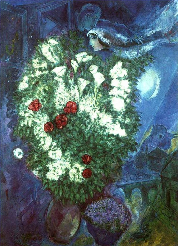 马克·夏加尔 当代各类绘画作品 -  《与飞行恋人的花束》