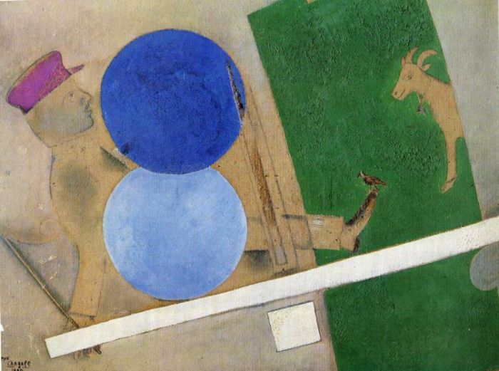 马克·夏加尔 当代各类绘画作品 -  《圆圈和山羊的构图》