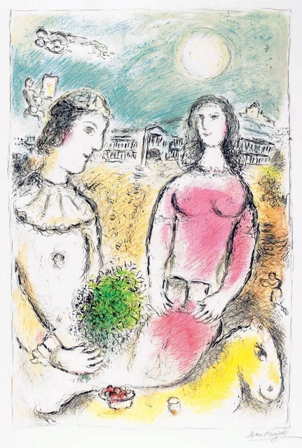 马克·夏加尔 当代各类绘画作品 -  《情侣在黄昏彩色石版画》