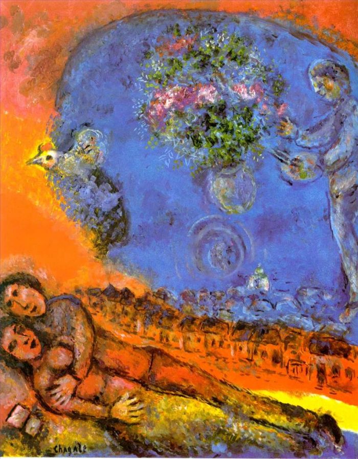 马克·夏加尔 当代各类绘画作品 -  《红色背景上的情侣》