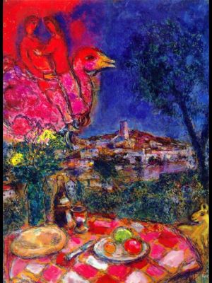 马克·夏加尔的当代艺术作品《摆放着可欣赏圣保罗德万斯景观的桌子》