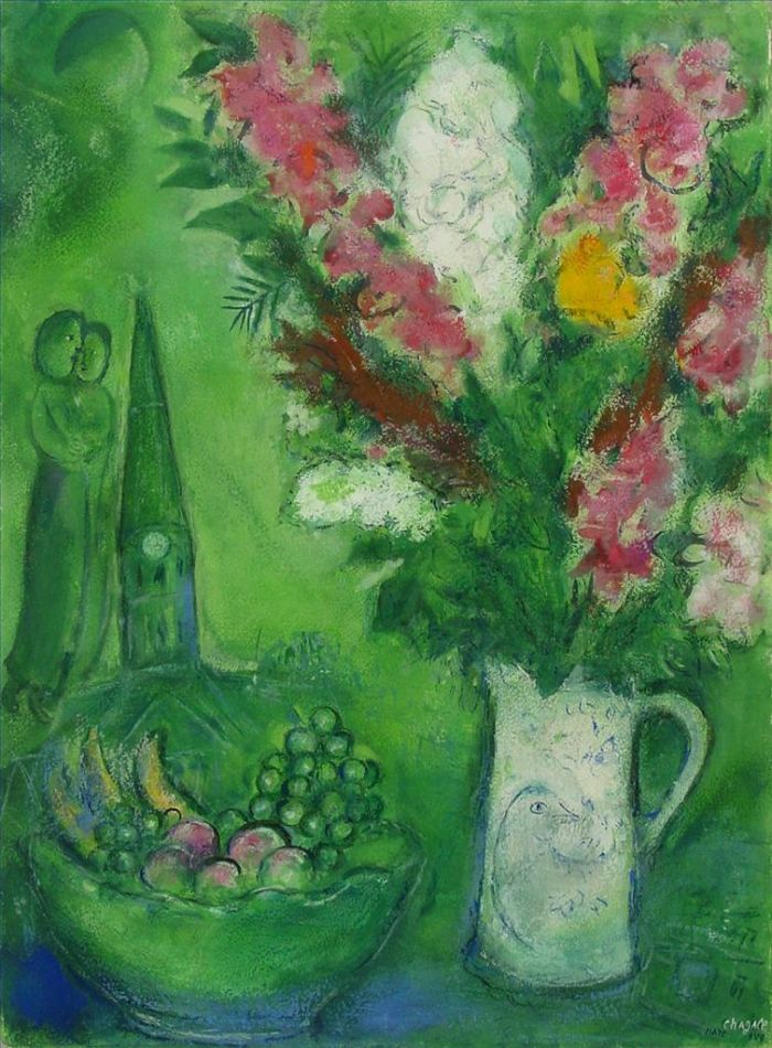 马克·夏加尔 当代各类绘画作品 -  《Le,clocher,dOrgival,水粉和粉彩》
