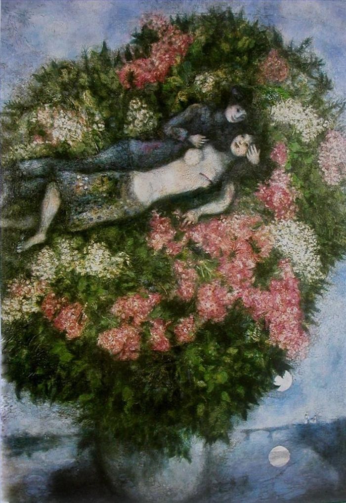 马克·夏加尔 当代各类绘画作品 -  《丁香花中的恋人》