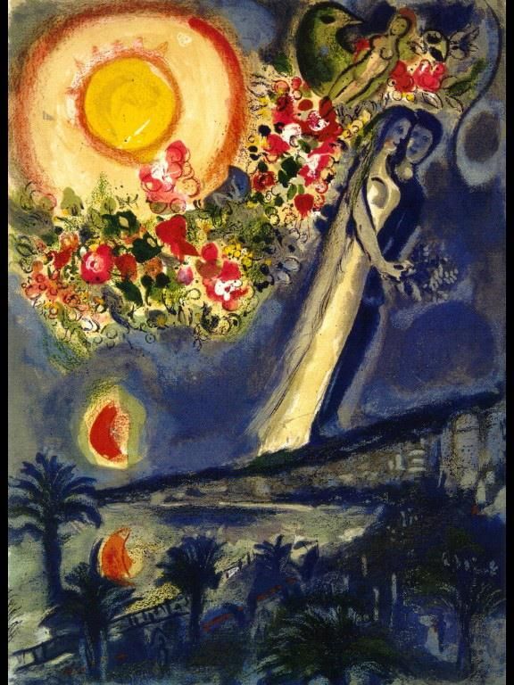 马克·夏加尔 当代各类绘画作品 -  《尼斯天空中的恋人》