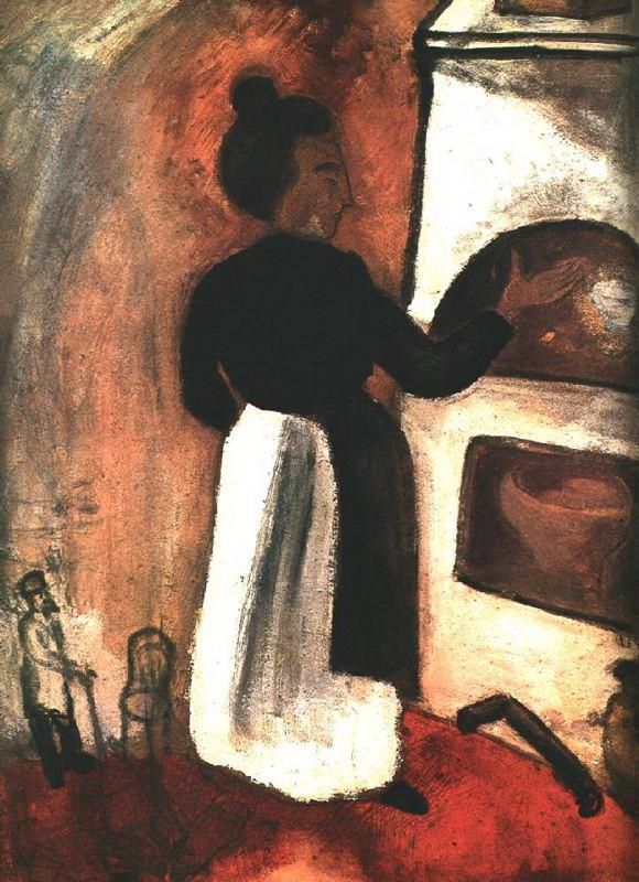 马克·夏加尔 当代各类绘画作品 -  《妈妈在烤箱旁》