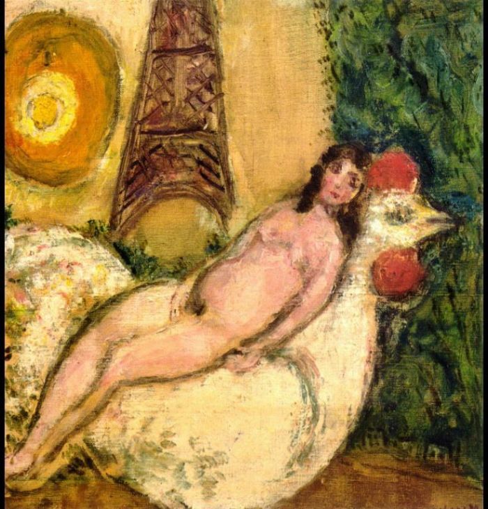 马克·夏加尔 当代各类绘画作品 -  《赤身裸体在白色公鸡上》