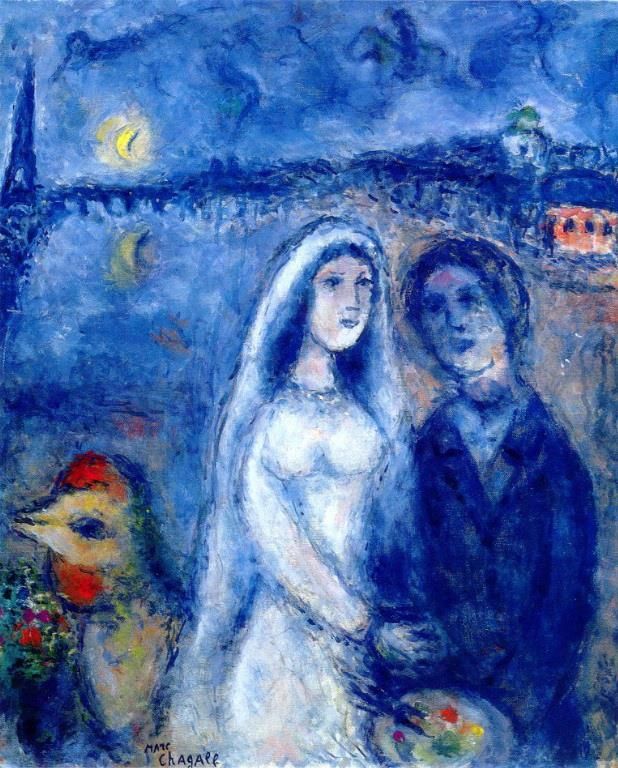 马克·夏加尔 当代各类绘画作品 -  《新婚夫妇与艾菲尔毛巾在背景中》