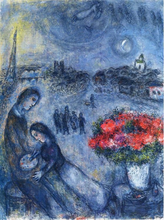 马克·夏加尔 当代各类绘画作品 -  《以巴黎为背景的新婚夫妇》