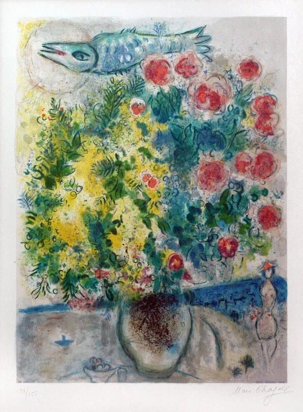 马克·夏加尔 当代各类绘画作品 -  《来自尼斯蔚蓝海岸的玫瑰和含羞草彩色版画》