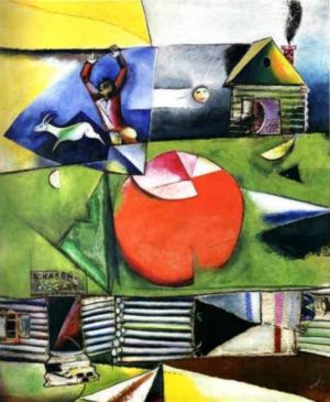 马克·夏加尔的当代艺术作品《月下的俄罗斯村庄,超现实主义,表现主义》