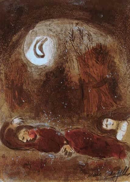 马克·夏加尔 当代各类绘画作品 -  《路得在波阿斯石版画的脚下》