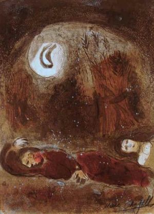 马克·夏加尔的当代艺术作品《路得在波阿斯石版画的脚下》