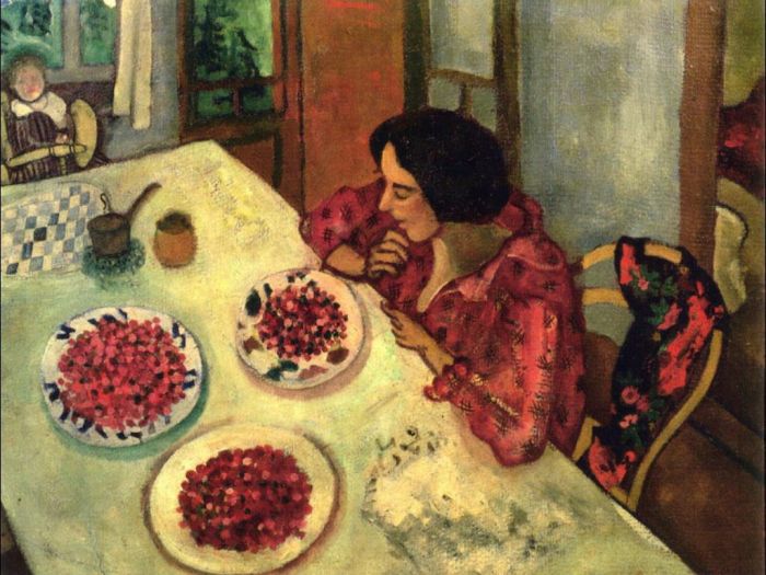 马克·夏加尔 当代各类绘画作品 -  《餐桌上的草莓贝拉和艾达》