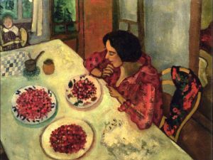 马克·夏加尔的当代艺术作品《餐桌上的草莓贝拉和艾达》
