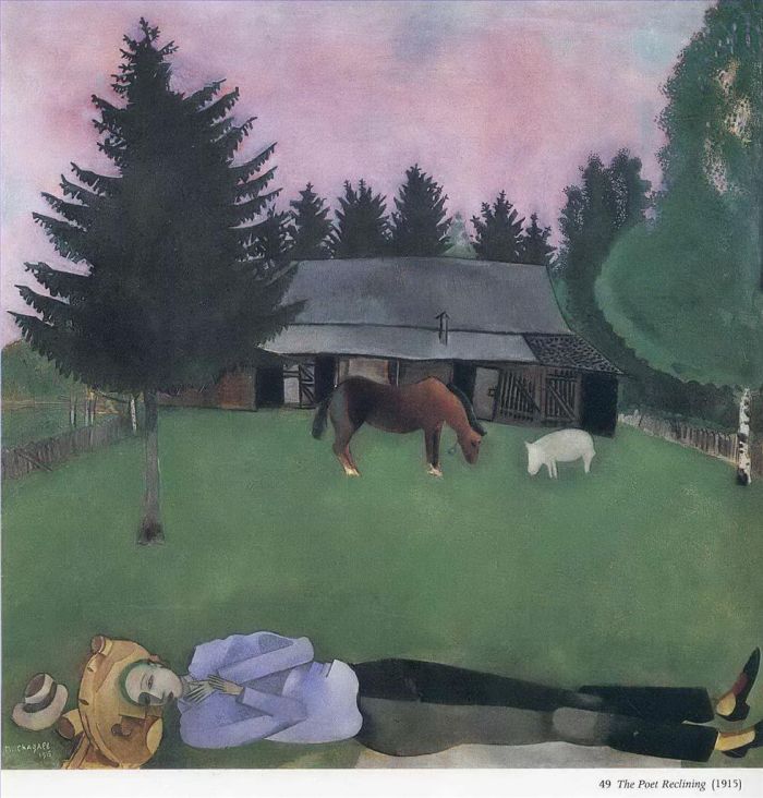 马克·夏加尔 当代各类绘画作品 -  《斜倚的诗人》