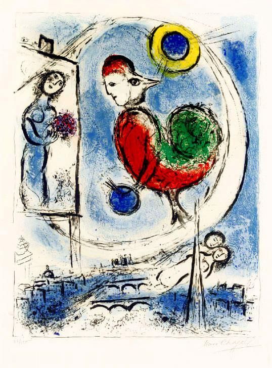 马克·夏加尔 当代各类绘画作品 -  《巴黎上空的公鸡彩色版画》