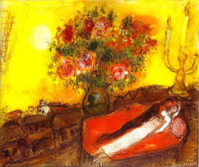 马克·夏加尔 当代各类绘画作品 -  《天空燃烧起来》