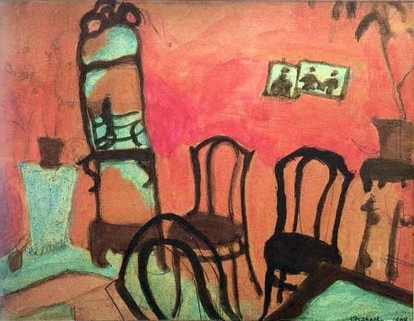 马克·夏加尔 当代各类绘画作品 -  《小客厅,纸本油画,裱于布上》