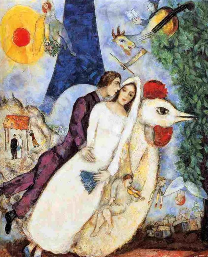 马克·夏加尔 当代各类绘画作品 -  《未婚夫和埃菲尔铁塔》