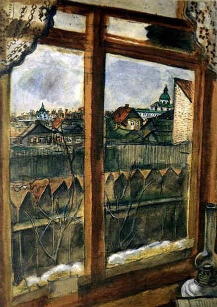 马克·夏加尔 当代各类绘画作品 -  《从窗口看维捷布斯克纸板上的水粉画》