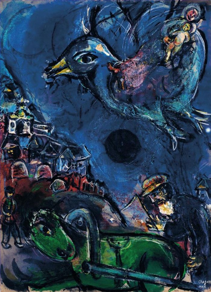 马克·夏加尔 当代各类绘画作品 -  《绿马村或黑月光视野村》