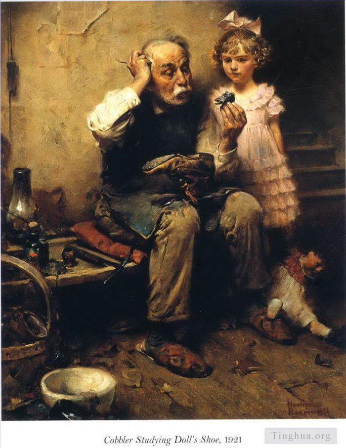 诺曼·珀西瓦尔·洛克威尔 当代油画作品 -  《鞋匠研究娃娃鞋》