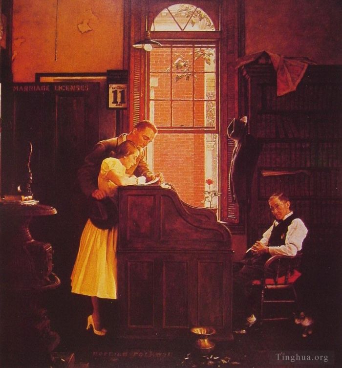 诺曼·珀西瓦尔·洛克威尔 当代油画作品 -  《1935年结婚证》