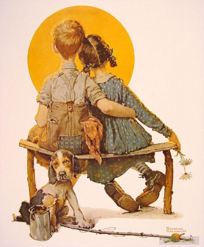 诺曼·珀西瓦尔·洛克威尔 当代各类绘画作品 -  《男孩和女孩凝视月亮,1926》