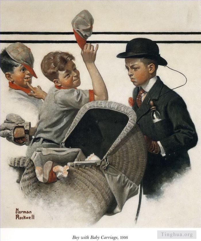 诺曼·珀西瓦尔·洛克威尔 当代各类绘画作品 -  《推着婴儿车的男孩,1916》