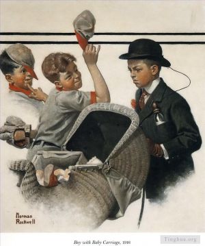 诺曼·珀西瓦尔·洛克威尔的当代艺术作品《推着婴儿车的男孩,1916》