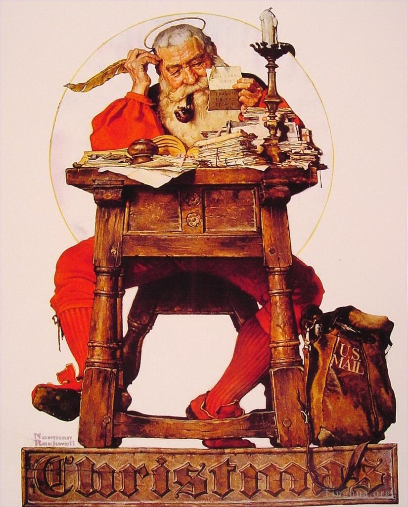 诺曼·珀西瓦尔·洛克威尔作品《圣诞圣诞老人阅读邮件,1935》