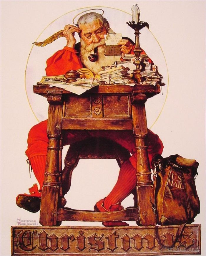 诺曼·珀西瓦尔·洛克威尔 当代各类绘画作品 -  《圣诞圣诞老人阅读邮件,1935》