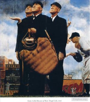 诺曼·珀西瓦尔·洛克威尔的当代艺术作品《比赛因下雨而取消,艰难的召唤,1949》