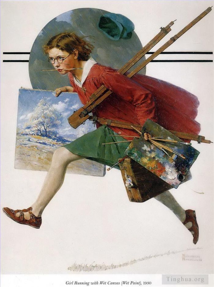 诺曼·珀西瓦尔·洛克威尔 当代各类绘画作品 -  《女孩用湿画布奔跑》