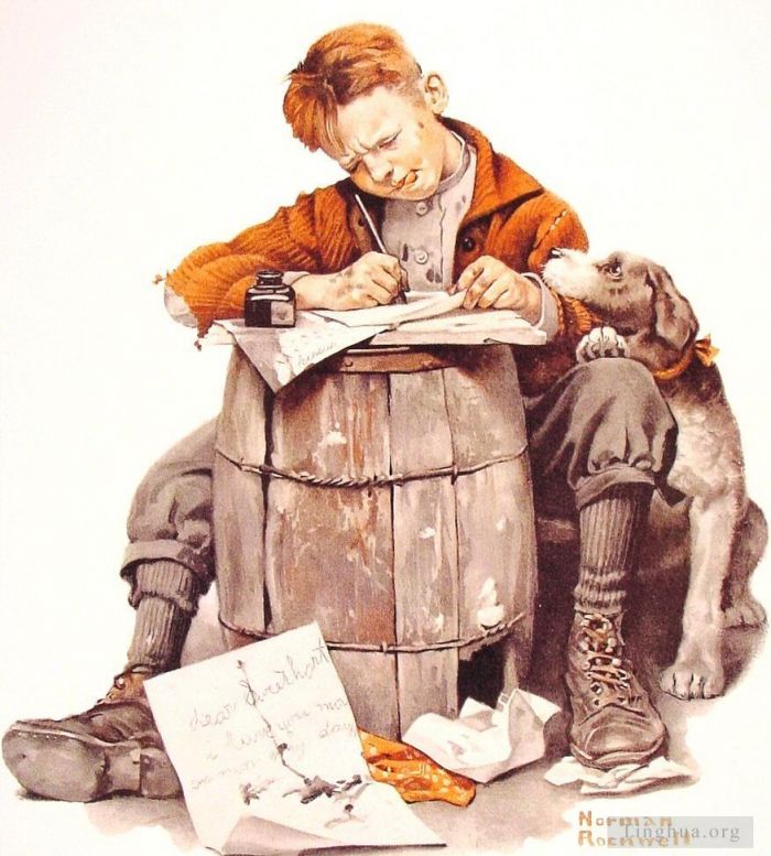诺曼·珀西瓦尔·洛克威尔 当代各类绘画作品 -  《写信的小男孩,1920》