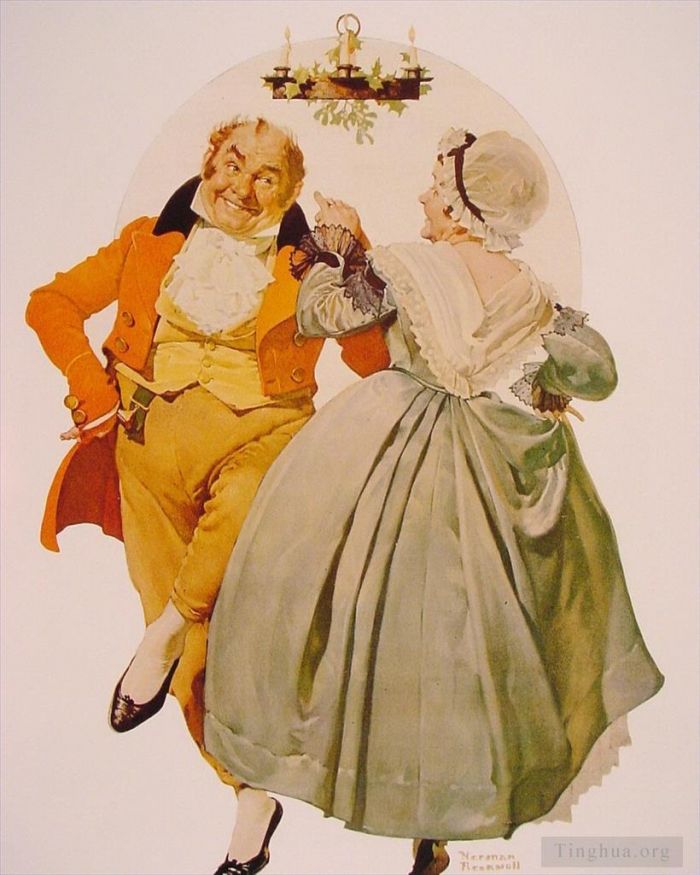诺曼·珀西瓦尔·洛克威尔 当代各类绘画作品 -  《圣诞快乐情侣在槲寄生下跳舞》
