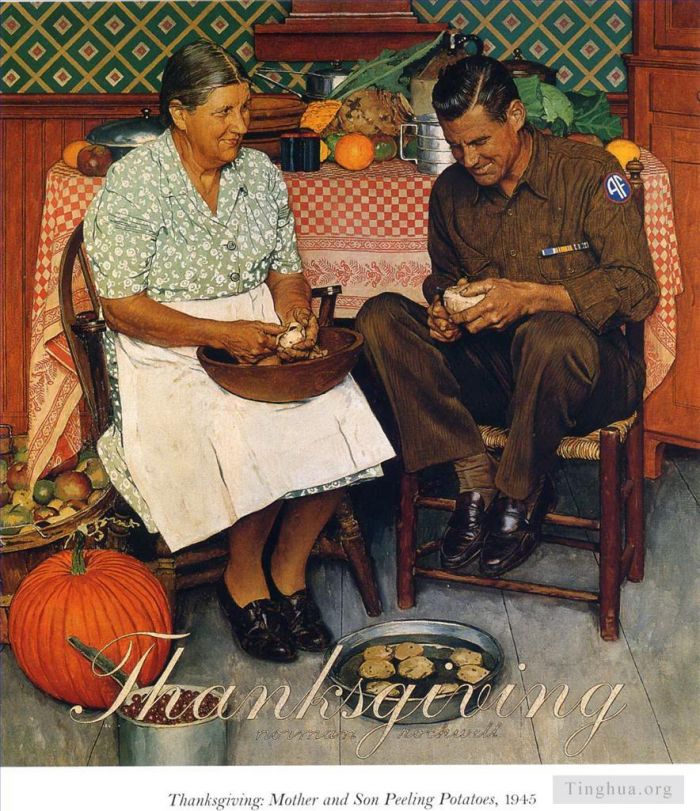 诺曼·珀西瓦尔·洛克威尔 当代各类绘画作品 -  《感恩节母子剥土豆,1945》