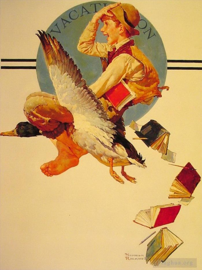 诺曼·珀西瓦尔·洛克威尔 当代各类绘画作品 -  《度假男孩骑鹅,1934》