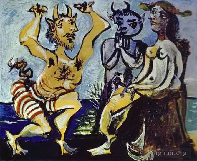 巴勃罗·毕加索 当代油画作品 -  《年轻的农牧神为年轻女孩演奏小夜曲,1938》