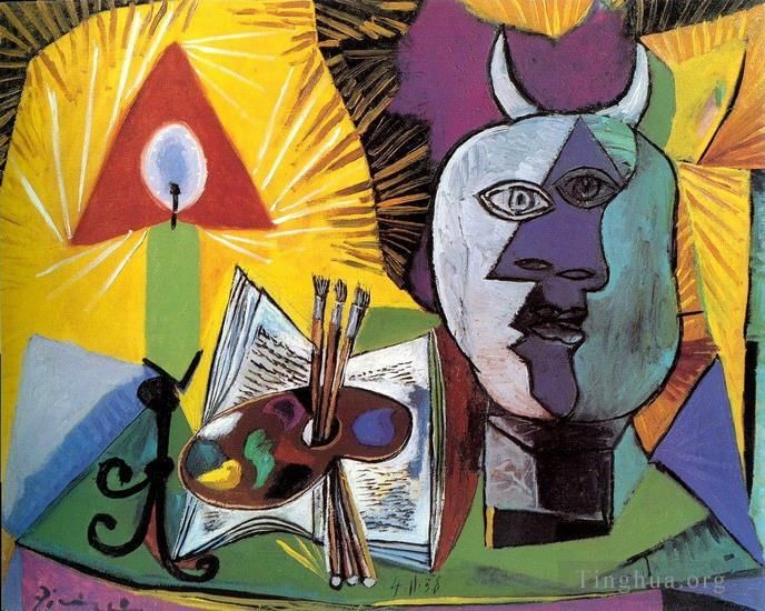 巴勃罗·毕加索 当代油画作品 -  《Bougie,调色板,Tete,de,Minotaure,1938》