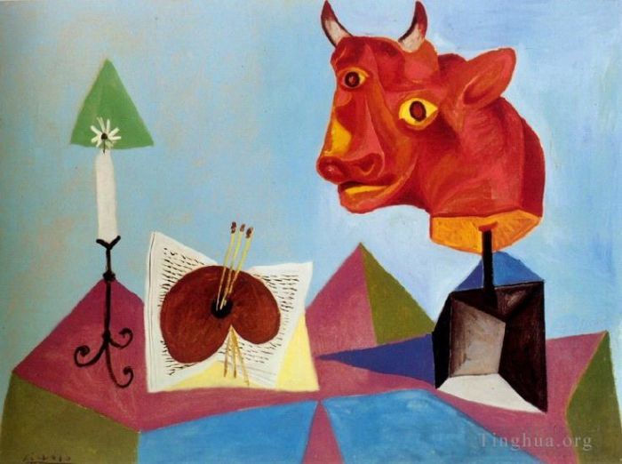 巴勃罗·毕加索 当代油画作品 -  《Bougie,调色板,Tete,de,taureau,rouge,1938》