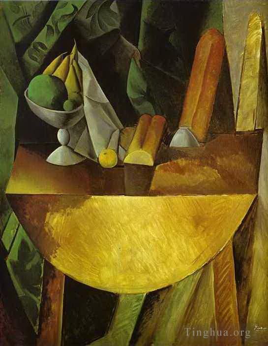 巴勃罗·毕加索 当代油画作品 -  《桌上的面包和水果盘,1909》