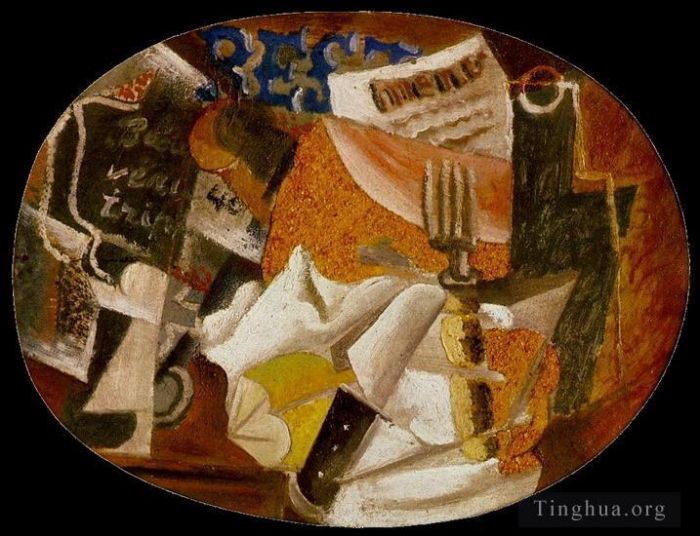 巴勃罗·毕加索 当代油画作品 -  《Couteau,fourchette,菜单,bouteille,jambon,1914》
