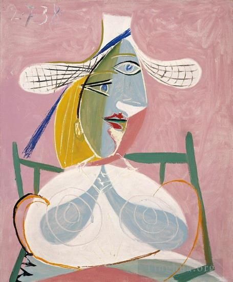 巴勃罗·毕加索 当代油画作品 -  《戴头饰的女士,1938》