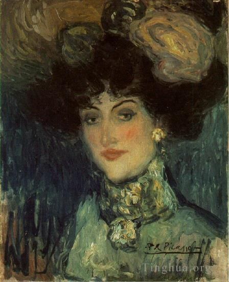 巴勃罗·毕加索 当代油画作品 -  《带有羽毛的女士,1901》