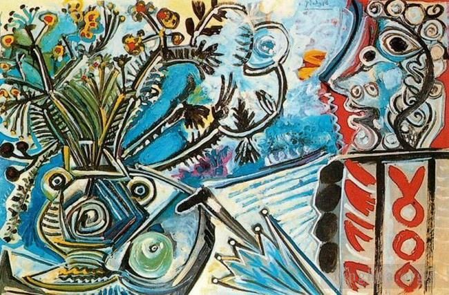巴勃罗·毕加索 当代油画作品 -  《男人的花和胸像,1968》