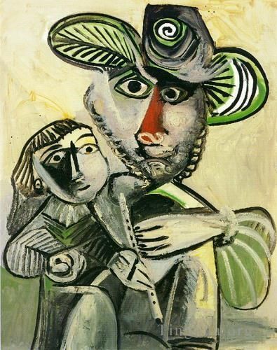 巴勃罗·毕加索 当代油画作品 -  《笛子与孩子的男人Paternit,1971》