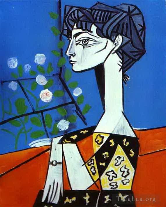 巴勃罗·毕加索 当代油画作品 -  《杰奎琳与鲜花,1954》