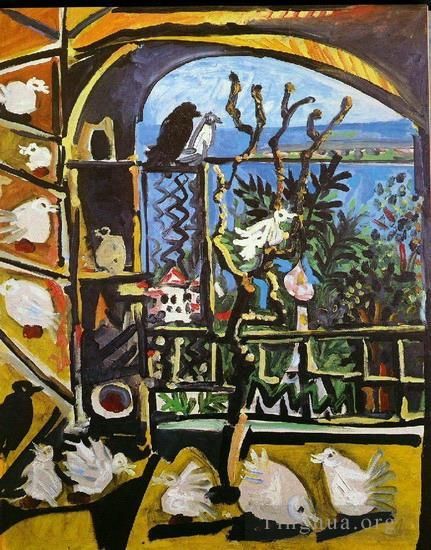 巴勃罗·毕加索 当代油画作品 -  《L,工作室,鸽子,I,1957》