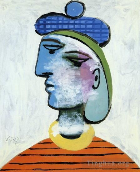 巴勃罗·毕加索 当代油画作品 -  《戴蓝色贝雷帽的玛丽·特蕾莎《女性肖像》1937,年》